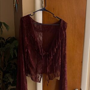 Wine Lace Tie-Front Blouse